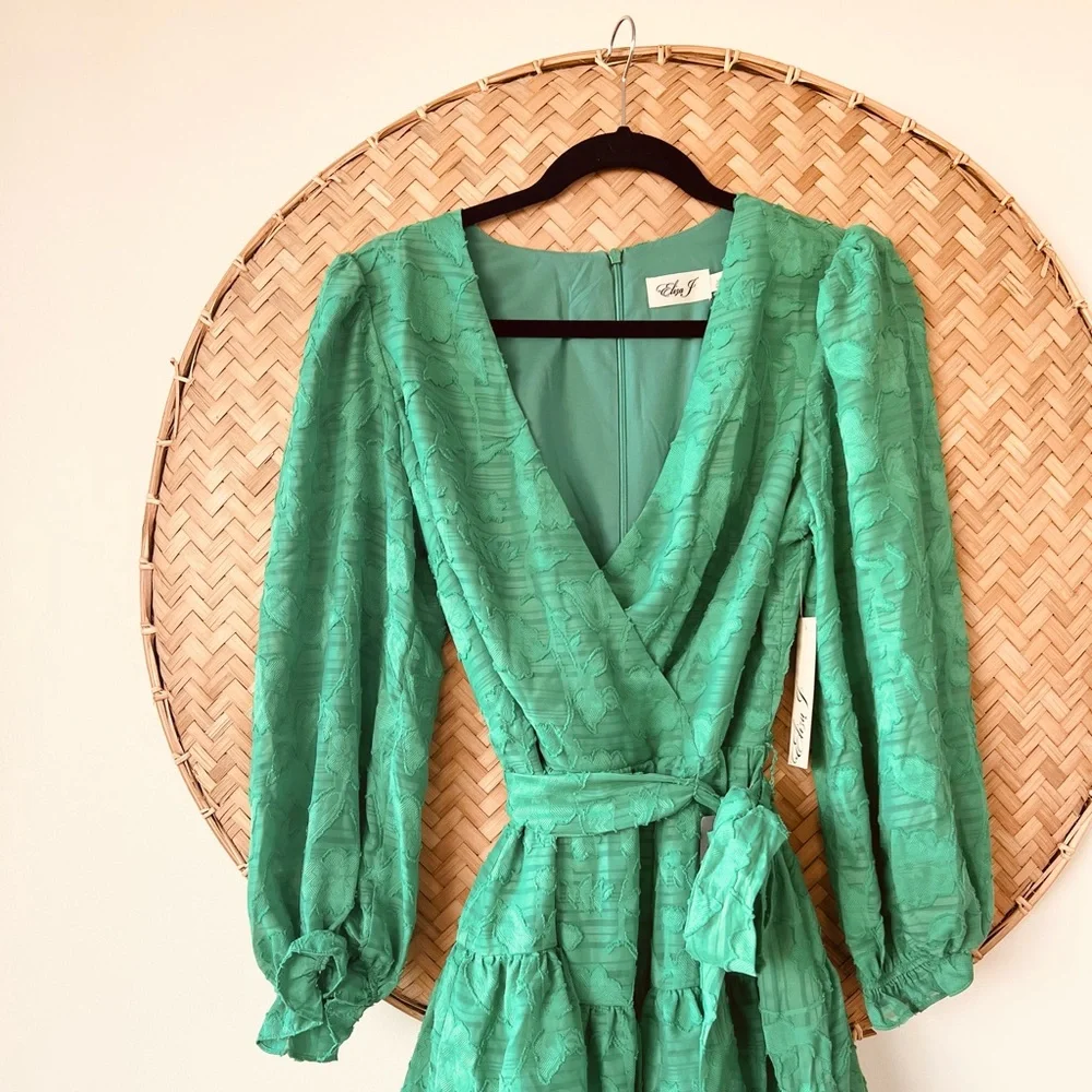 WOMEN’S NWT ELIZA-J GREEN FLORAL TEXTURE BALLOON SLEEVE A-LINE‎ DRESS TIERED HEM